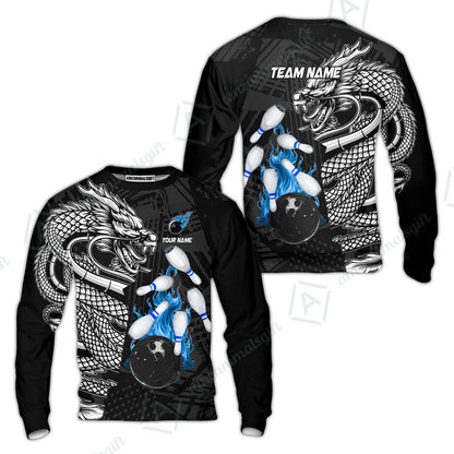 Custom Bowling Team Jerseys Polo Shirts, Bowling uniforms Bowling & Pins Dragon Flame Fire Multicolor Options Personalized Name And Team Name