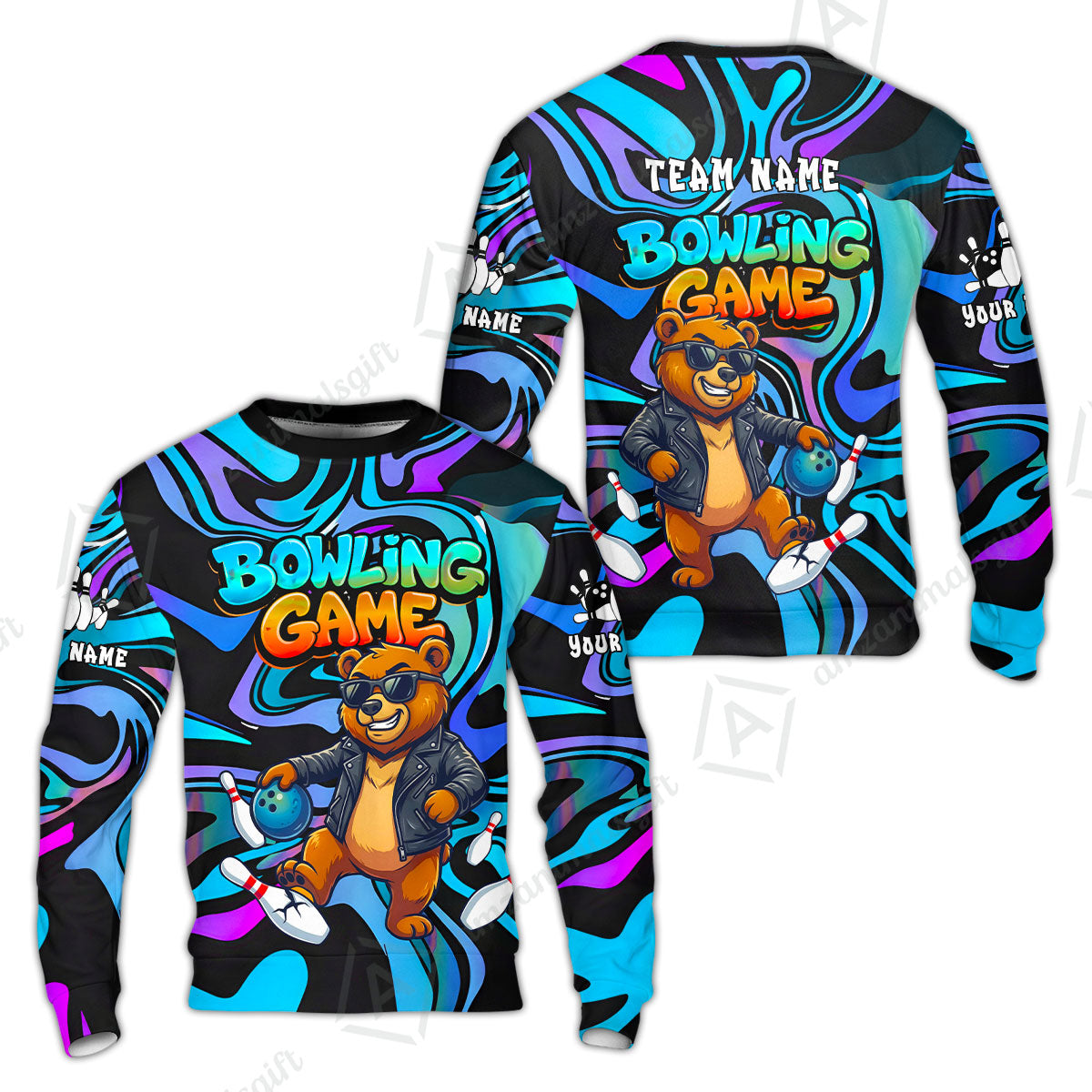 Custom Bowling Jersey Polo Shirt, Trippy Swirl Rocker Bear Graffiti Style, Custom Bowling Jersey Team Shirt For Players With Name & Team Name