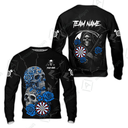 Customized Darts Sweatshirt, Darts Turquoise Skull Roses Dartboard Sweatshirt Style Jersey for Darts Players