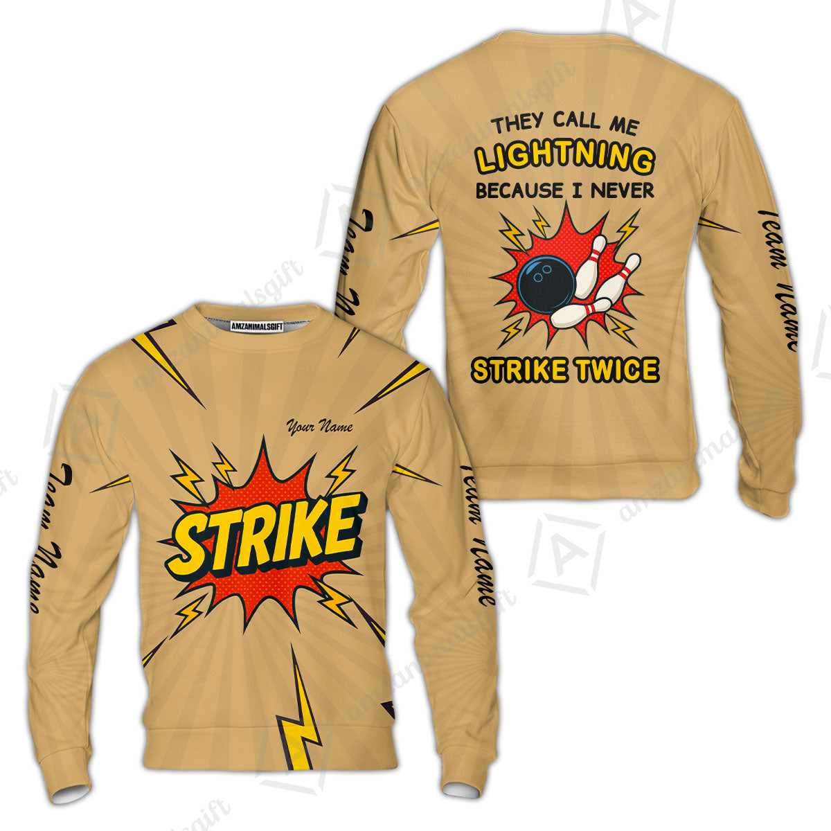 Customized Bowling Team Sweatshirt Shirt, They Call Me Lightning Because I Never Strike Twice Comic Style Sweatshirt