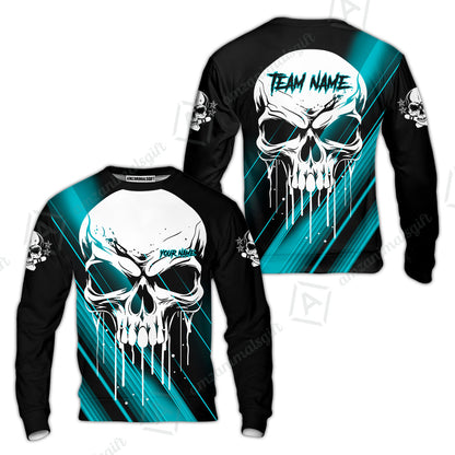 Customized Bowling Polo, Blue Skull Bowling Creepy Style Bowling jerseys Custom Name And Team Shirt