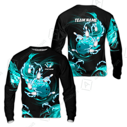 Customized Bowling Sweatshirt, Bowling Ball & Pins Breath Of Thunder Flame Multicolor Option, Perfect Outfit For Bowlers