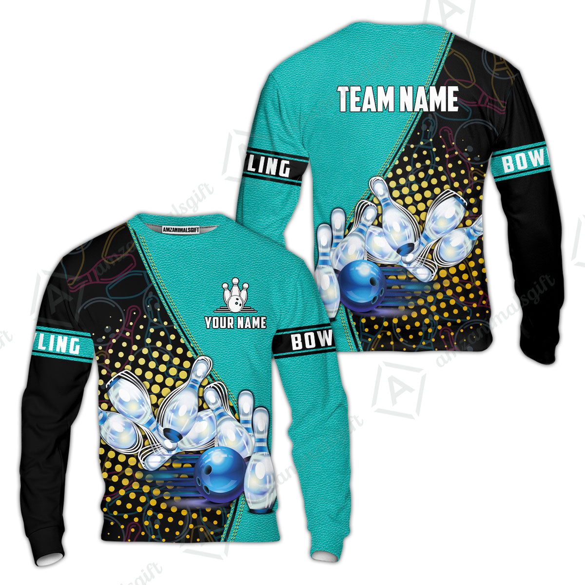 Custom Bowling Sweatshirt - Black And Blue Bowling Ball Pattern Personalized Name Sweatshirt