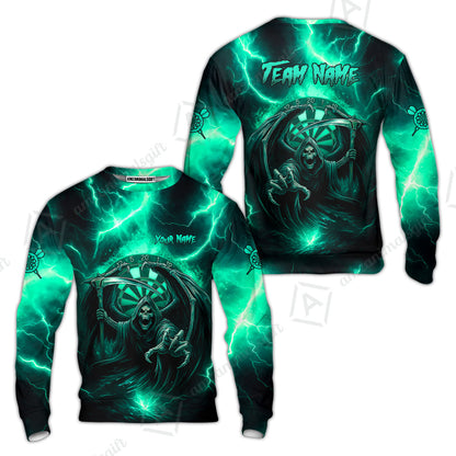 Customized Darts Sweatshirt, Darts Grim Reaper Thunder Lightning Turquoise And Blue Team Jersey For Darts Player