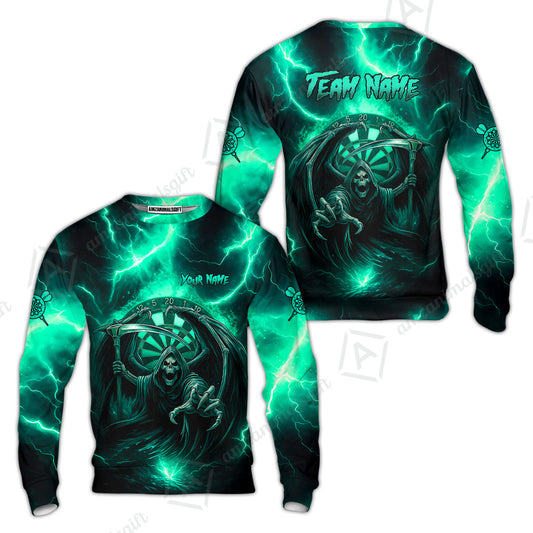 Customized Darts Sweatshirt, Darts Grim Reaper Thunder Lightning Turquoise And Blue Team Jersey For Darts Player