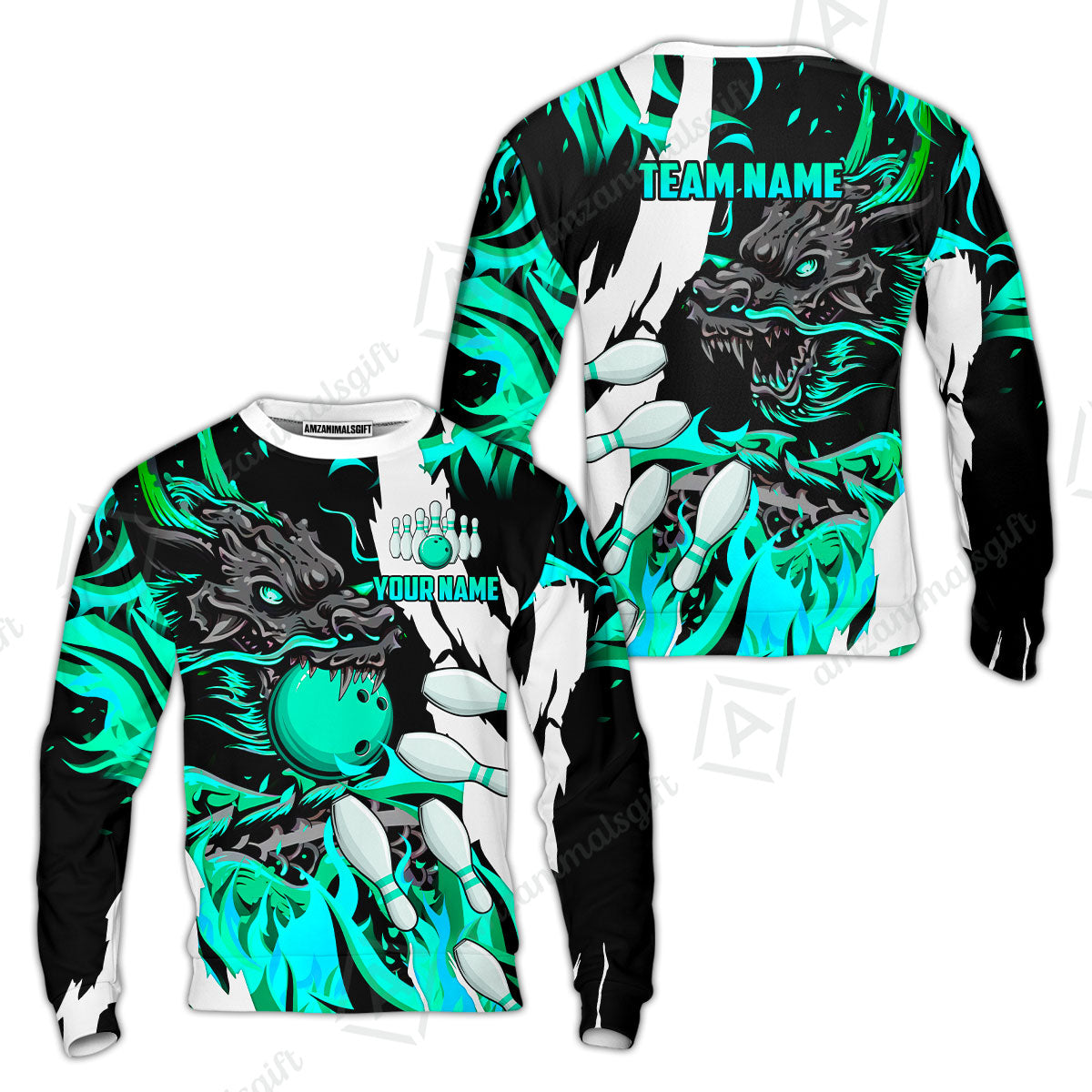 Custom Bowling Team Sweatshirt, Bowling uniforms Ball & Pins Dragon Flame Pattern Personalized Name And Team Name