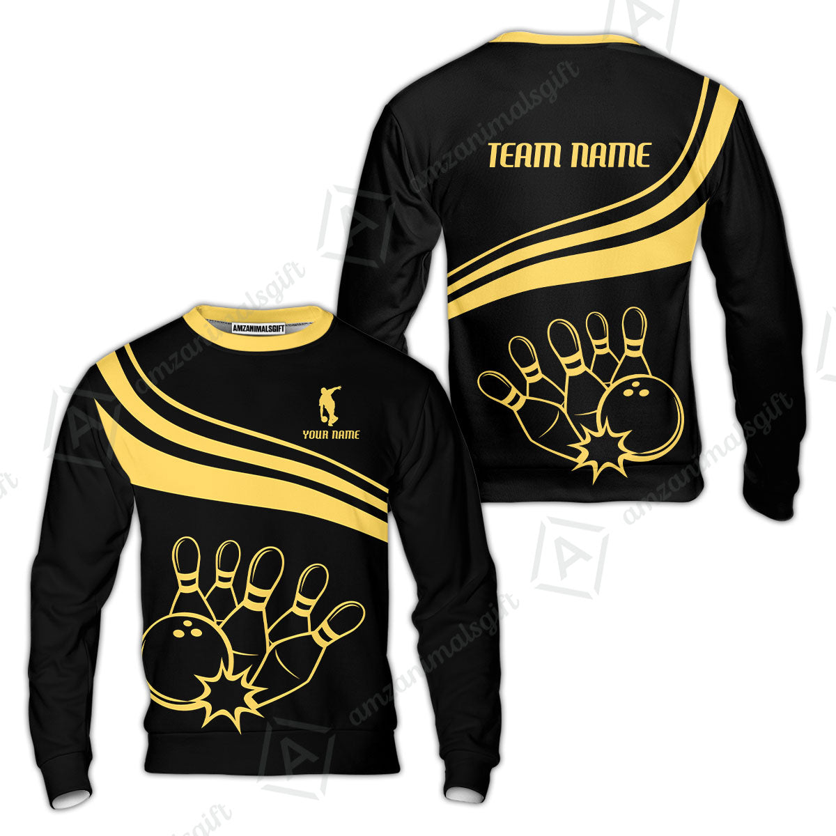 Bowling Customized Jersey Black Shirt Gold Curve Bowling Tenpin Quarter Zip Shirt, Outfit For Bowlers, Bowling Team