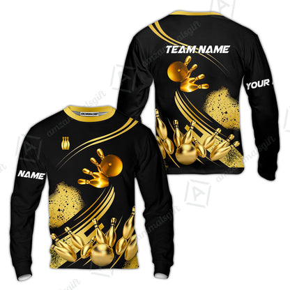 Custom Bowling Team Jerseys Polo Shirts, Bowling Uniforms Ball And Pins Ultimate Golden Multicolor Options Personalized Name And Team Name