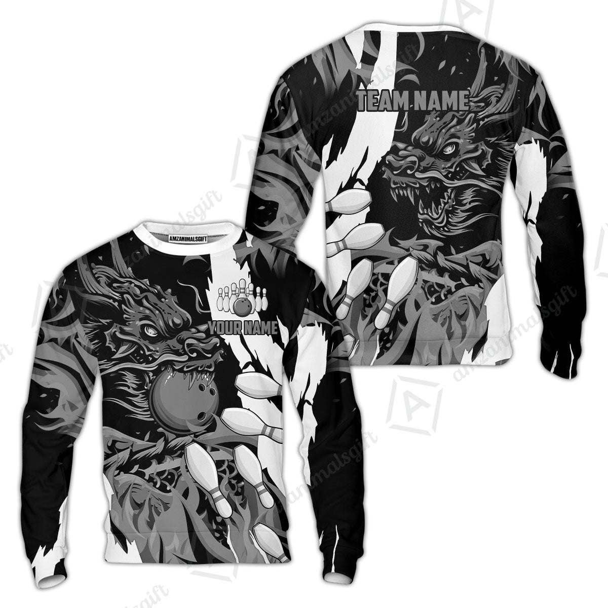 Custom Bowling Team Sweatshirt, Bowling uniforms Ball & Pins Dragon Flame Pattern Personalized Name And Team Name