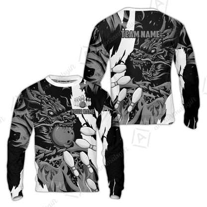 Custom Bowling Team Sweatshirt, Bowling uniforms Ball & Pins Dragon Flame Pattern Personalized Name And Team Name