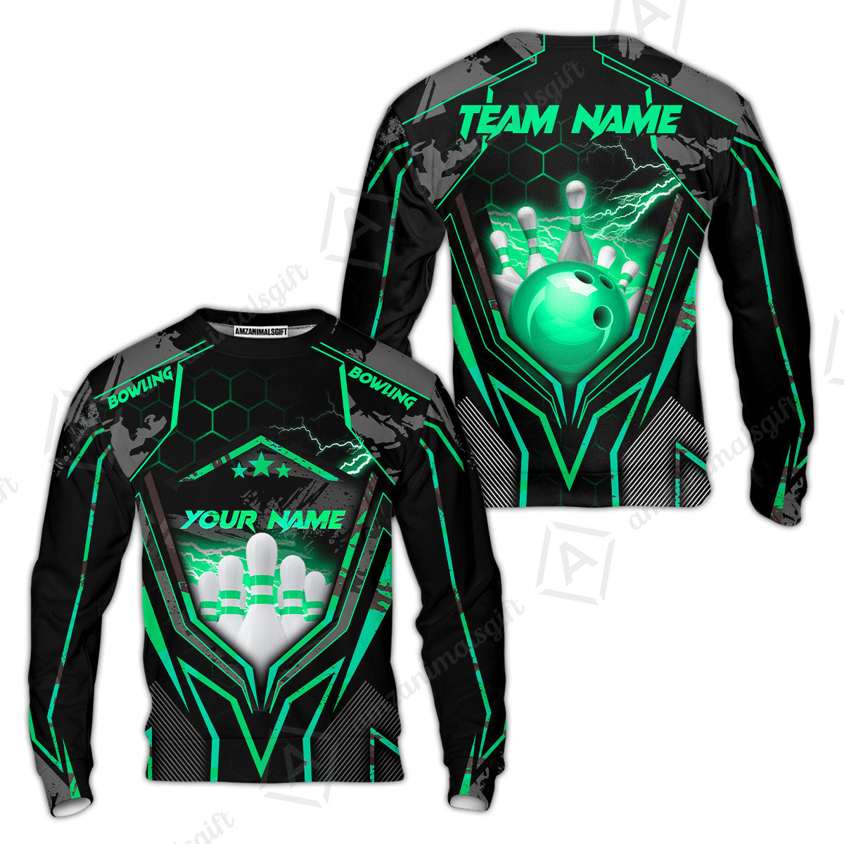 Customized Bowling Jersey, Bowling And Pins Abstract Grunge Texture X Multicolor Option Customized Name And Team Name Zipper Polo Jerseys Shirts