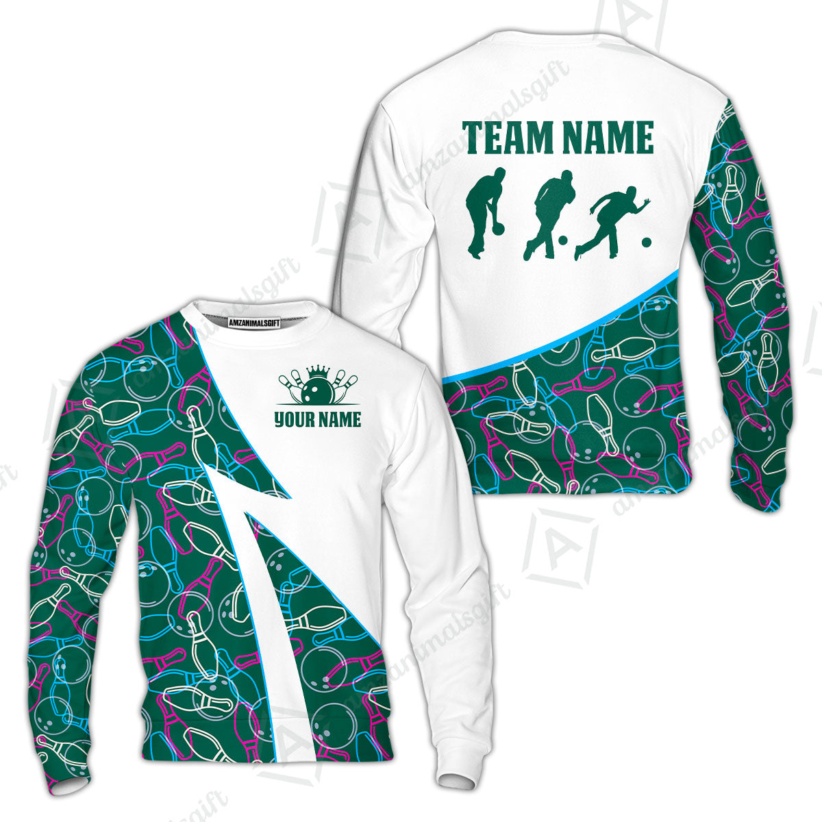 Custom Bowling Team Bowling Jersey, Neon Pattern Bowling Jersey With Player Silhouettes Multicolor Polo Quarter-Zip Shirts, Custom Bowling Uniforms Jerseys