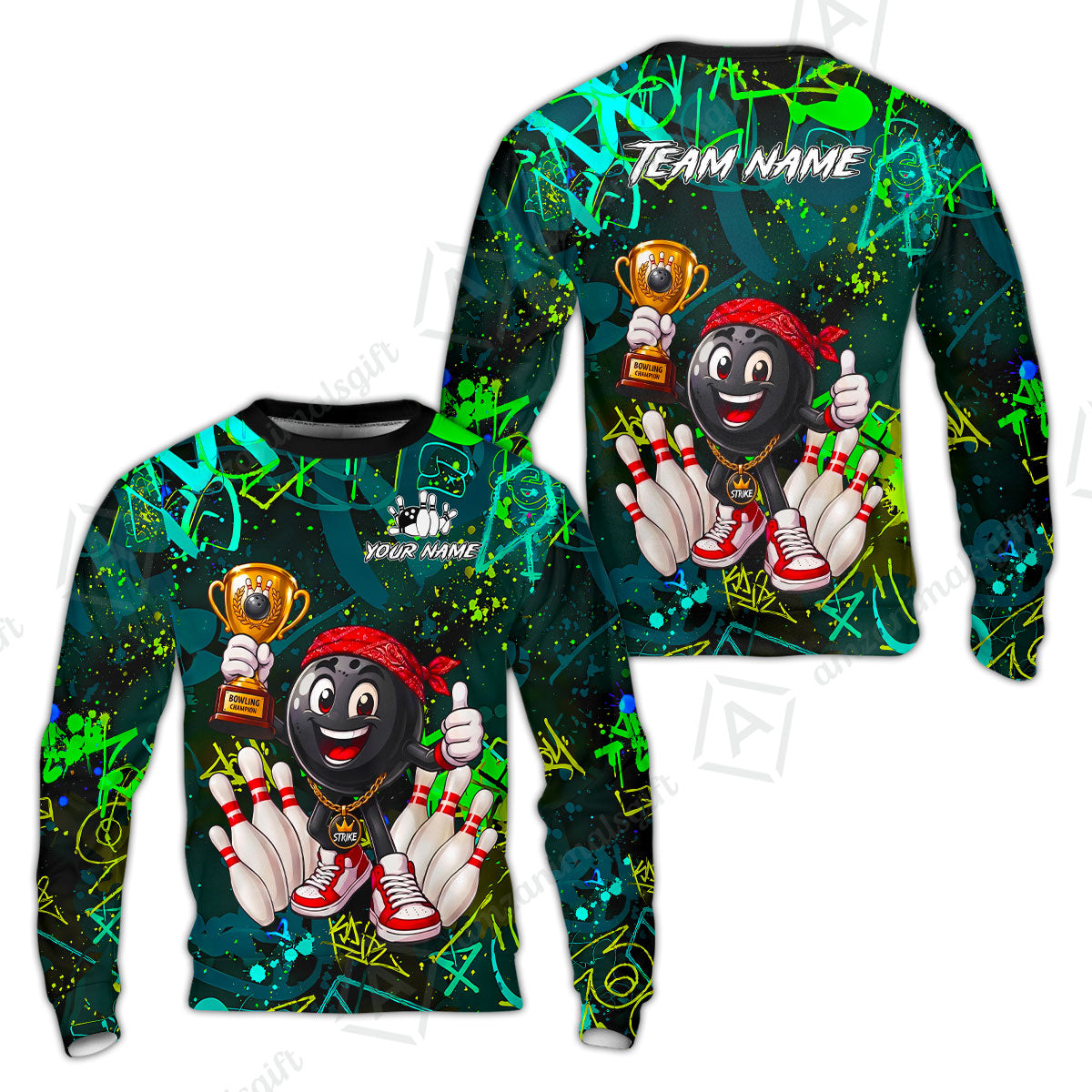 Custom Bowling Jersey Polo Shirt, Graffiti Champion, Custom Bowling Jersey Team Shirt For Players With Name & Team Name