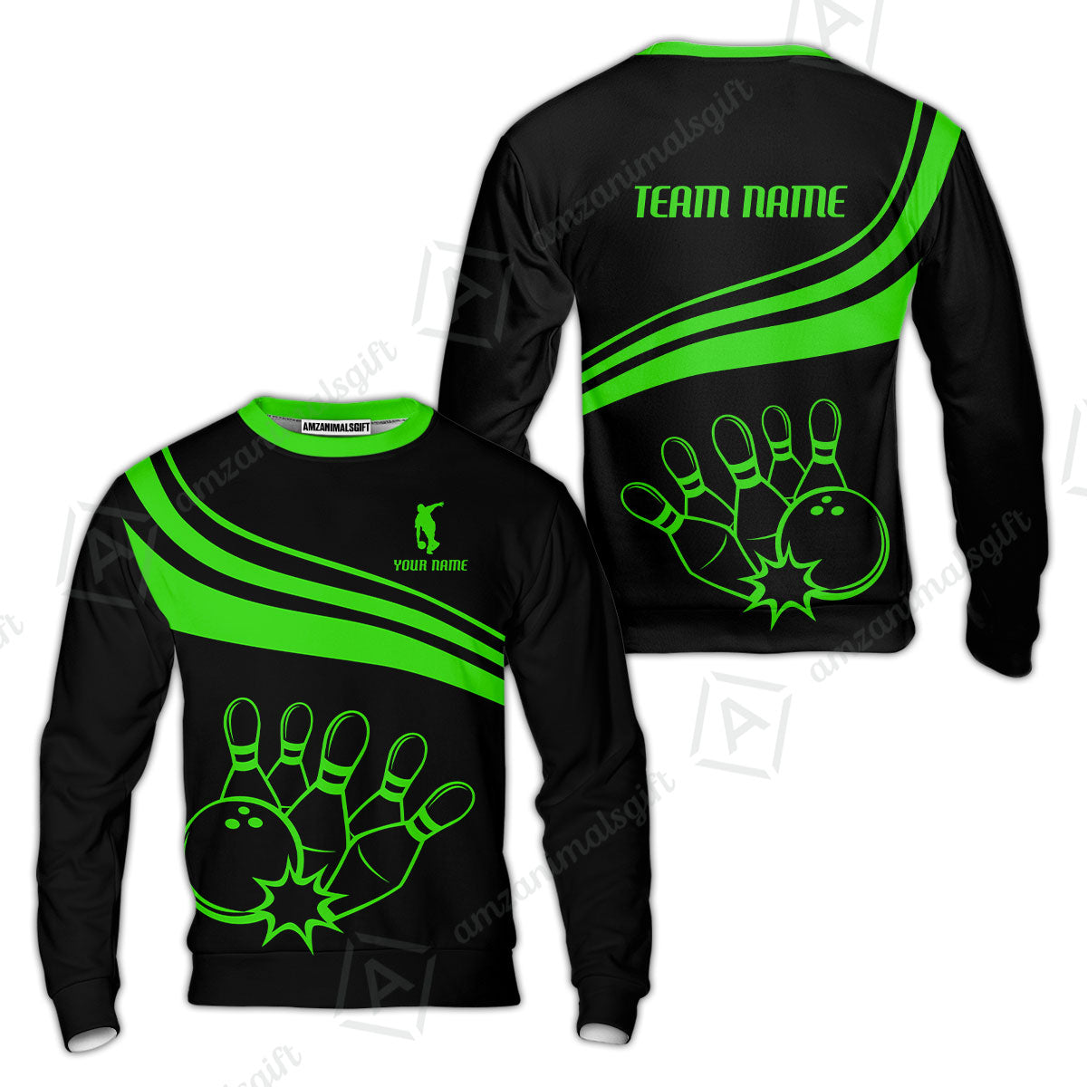 Bowling Customized Jersey Black Shirt Green Curve Bowling Tenpin Quarter Zip Shirt, Outfit For Bowlers, Bowling Team