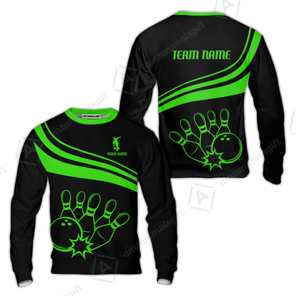Bowling Customized Jersey Black Shirt Green Curve Bowling Tenpin Quarter Zip Shirt, Outfit For Bowlers, Bowling Team
