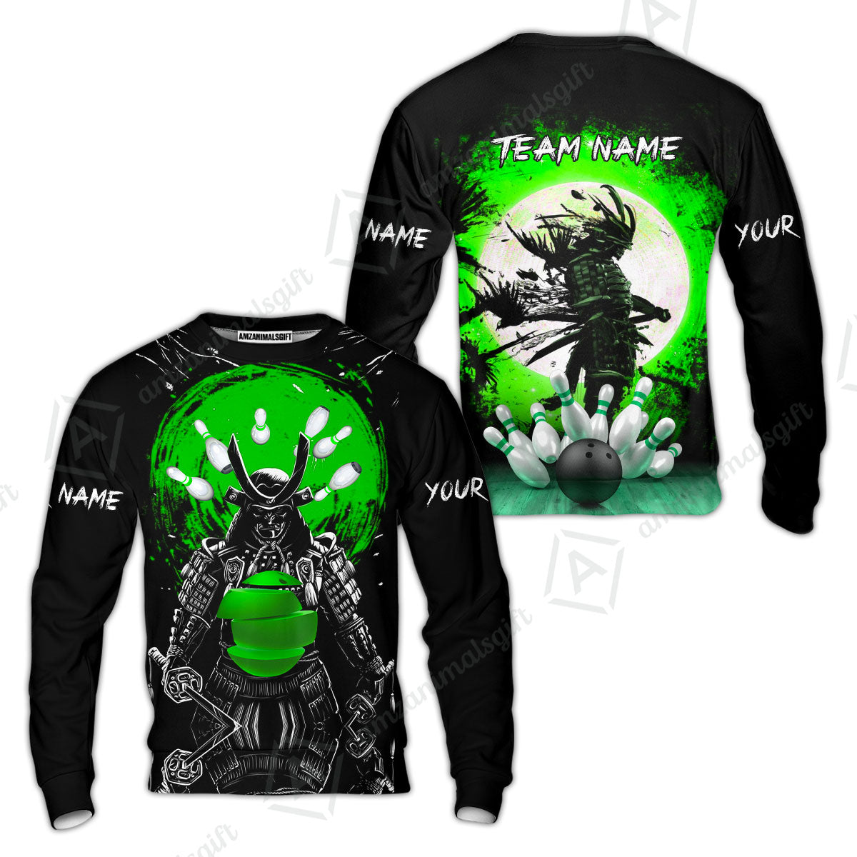 Custom Bowling Team Jerseys Polo Shirts, Bowling uniforms Ball And Pins Samurai Multicolor Options Personalized Name And Team Name