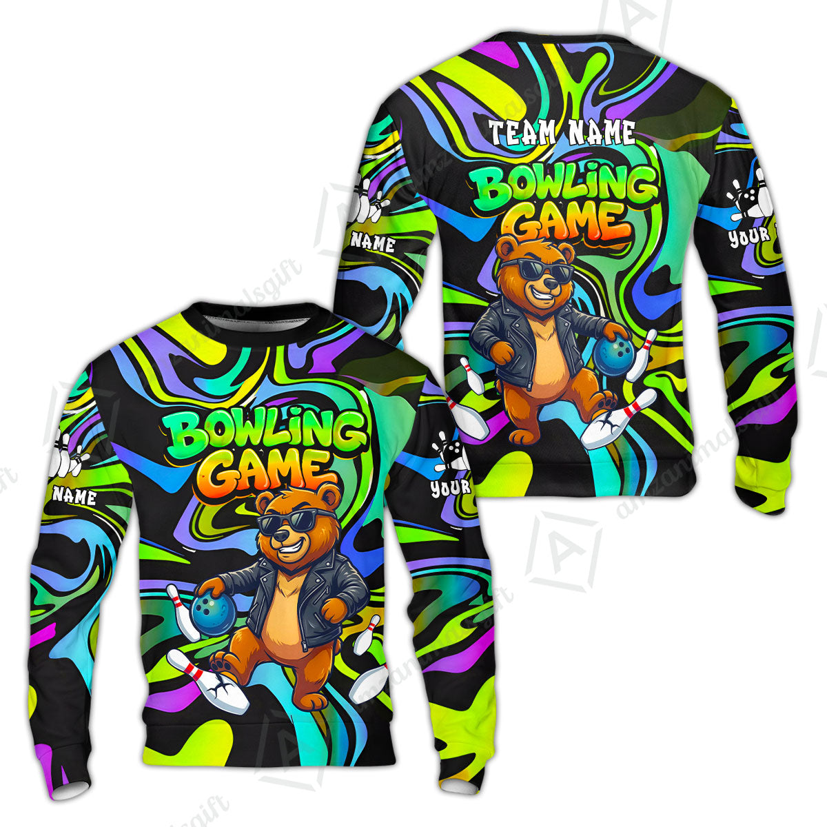 Custom Bowling Jersey Polo Shirt, Trippy Swirl Rocker Bear Graffiti Style, Custom Bowling Jersey Team Shirt For Players With Name & Team Name