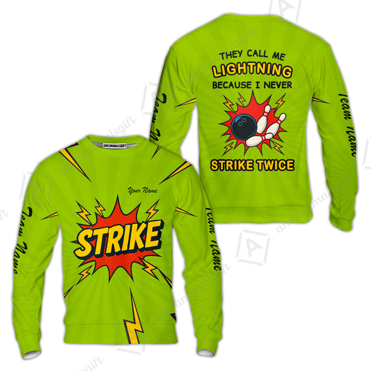 Customized Bowling Team Sweatshirt Shirt, They Call Me Lightning Because I Never Strike Twice Comic Style Sweatshirt