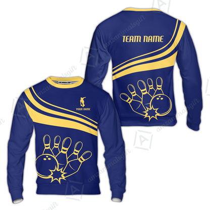 Bowling Customized Jersey Navy Shirt Gold Curve Bowling Tenpin Quarter Zip Shirt, Outfit For Bowlers, Bowling Team