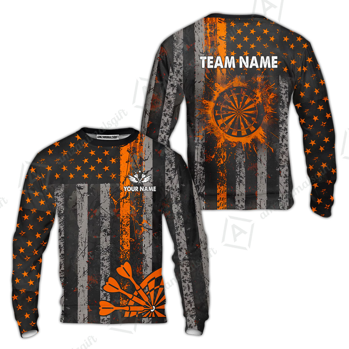 Customized Darts Sweatshirt, Turquoise Grunge US Flag Patriotic Darts Sweatshirt Jersey for Darts Players
