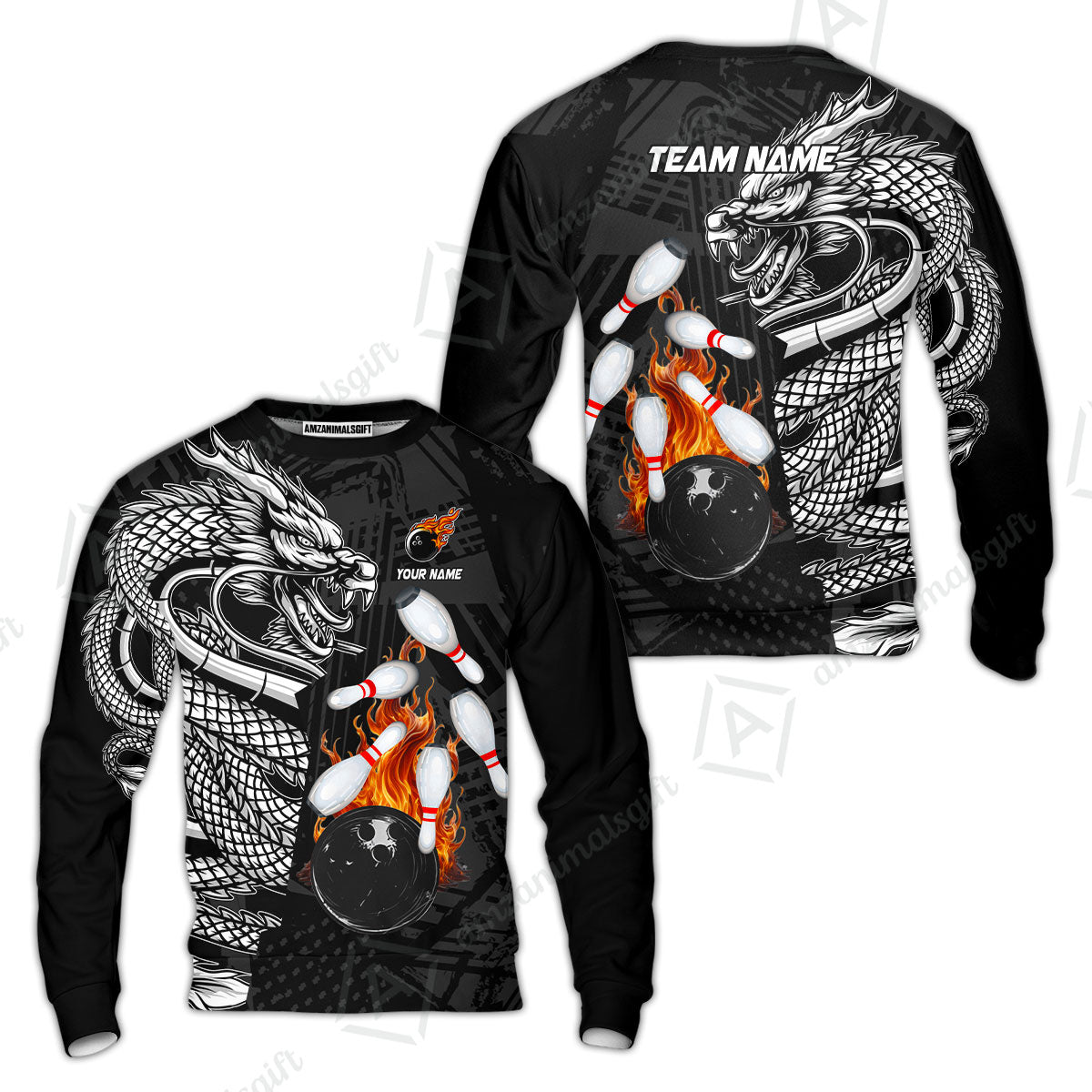 Custom Bowling Team Jerseys Polo Shirts, Bowling uniforms Bowling & Pins Dragon Flame Fire Multicolor Options Personalized Name And Team Name