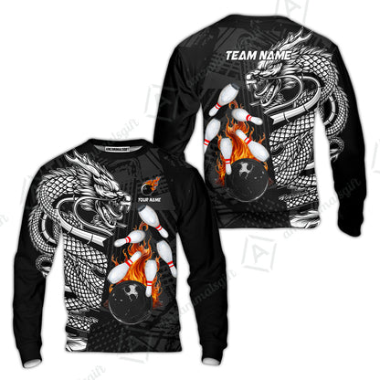 Custom Bowling Team Jerseys Polo Shirts, Bowling uniforms Bowling & Pins Dragon Flame Fire Multicolor Options Personalized Name And Team Name