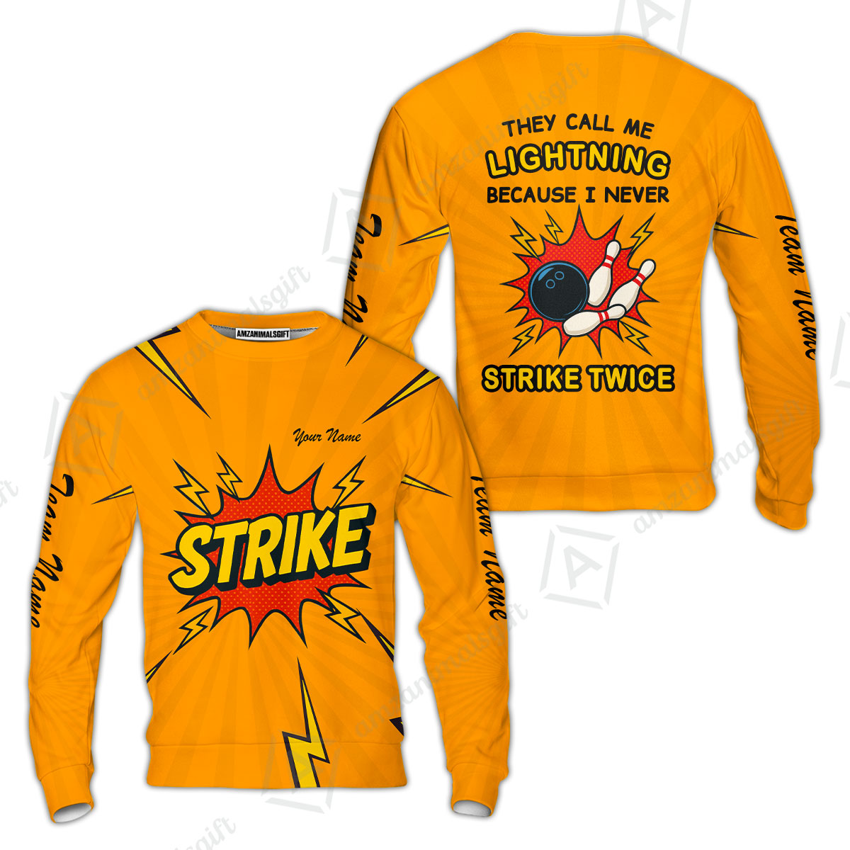 Customized Bowling Team Sweatshirt Shirt, They Call Me Lightning Because I Never Strike Twice Comic Style Sweatshirt