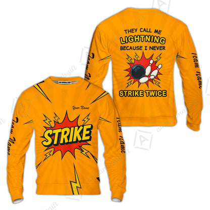 Customized Bowling Team Sweatshirt Shirt, They Call Me Lightning Because I Never Strike Twice Comic Style Sweatshirt