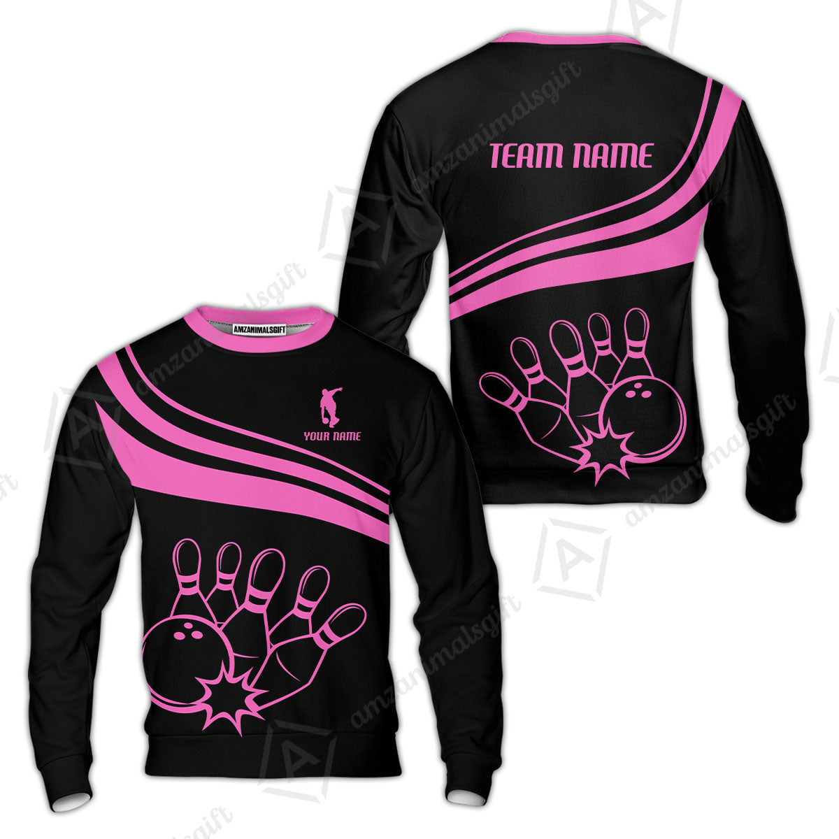 Bowling Customized Jersey Black Shirt Pink Curve Bowling Tenpin Quarter Zip Shirt, Outfit For Bowlers, Bowling Team