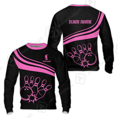 Bowling Customized Jersey Black Shirt Pink Curve Bowling Tenpin Quarter Zip Shirt, Outfit For Bowlers, Bowling Team