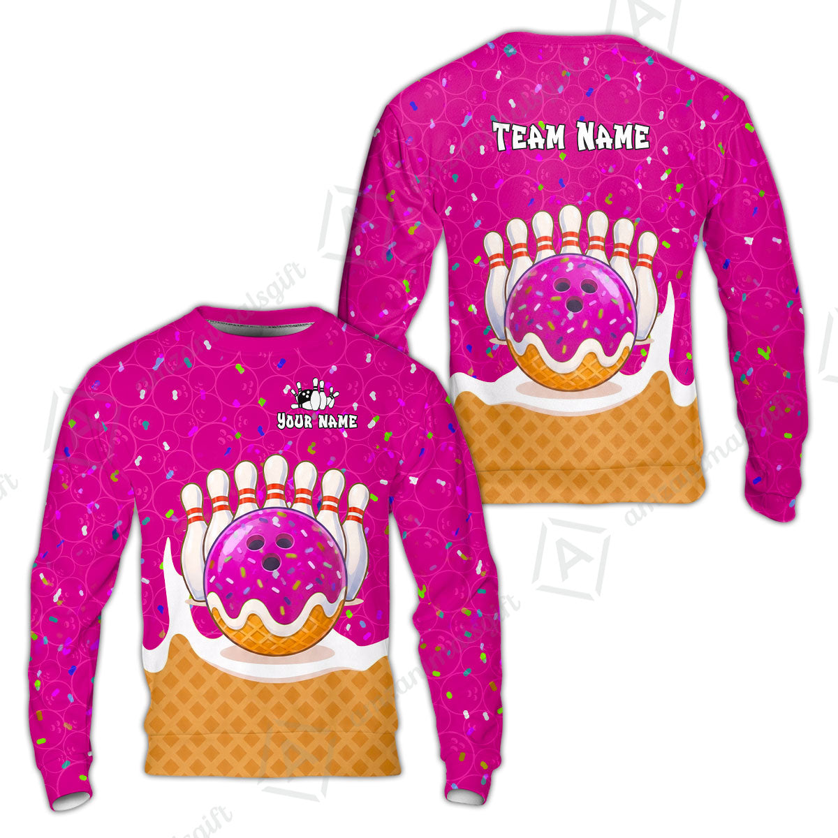 Custom Bowling Jersey Polo Shirt, Bowling Sprinkles Ice Cream Cone, Personalized Name & Team Name