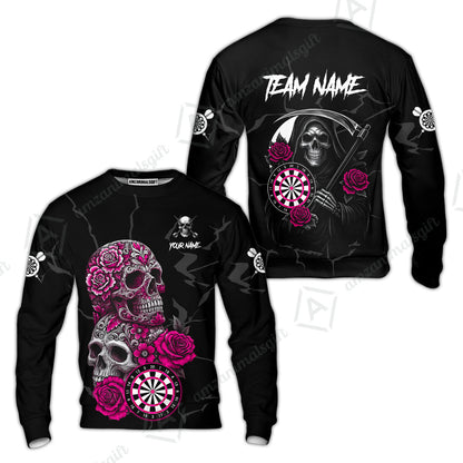Customized Darts Sweatshirt, Darts Turquoise Skull Roses Dartboard Sweatshirt Style Jersey for Darts Players