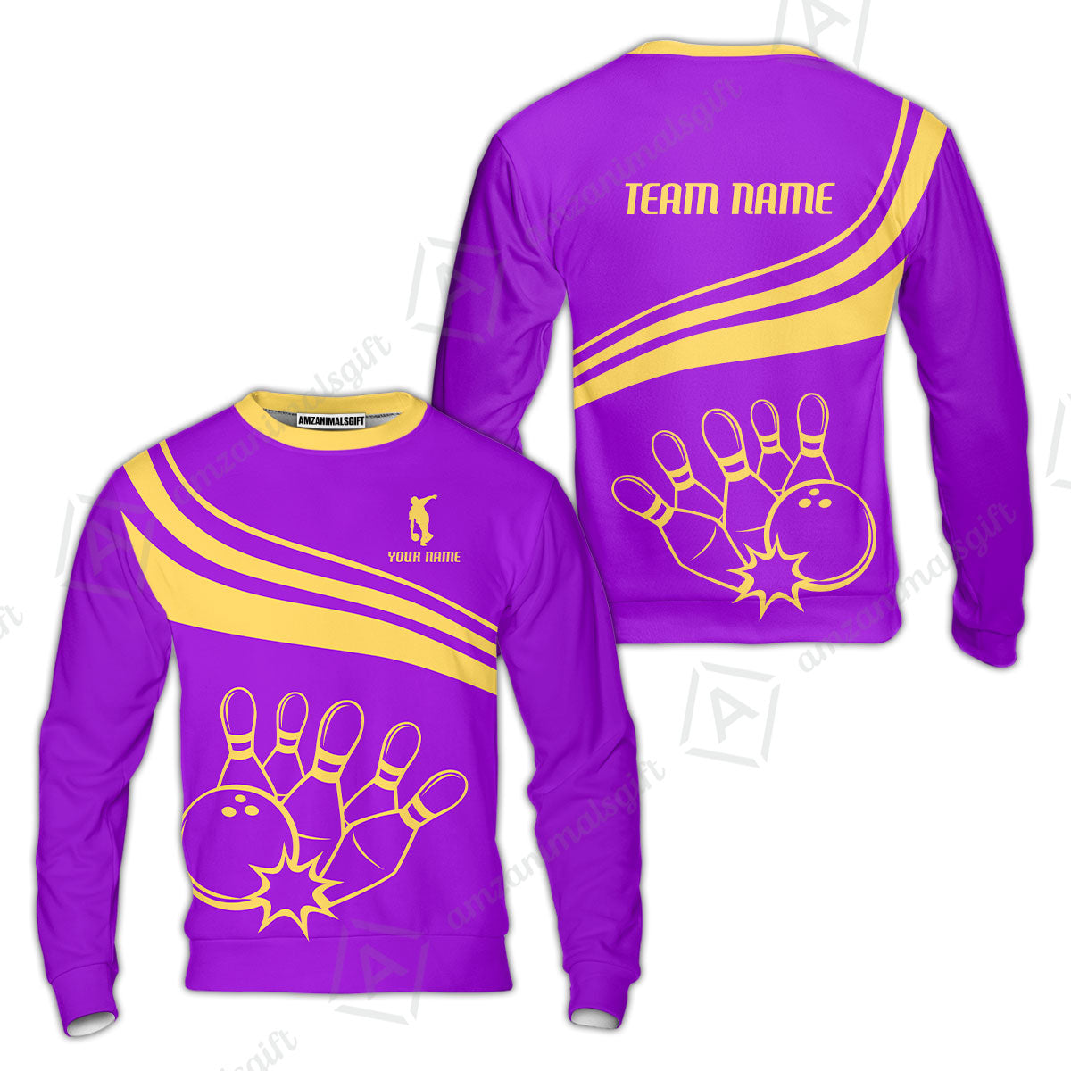 Bowling Customized Jersey Purple Shirt Gold Curve Bowling Tenpin Quarter Zip Shirt, Outfit For Bowlers, Bowling Team