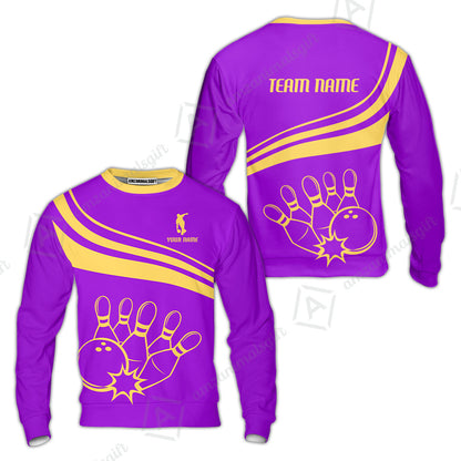 Bowling Customized Jersey Purple Shirt Gold Curve Bowling Tenpin Quarter Zip Shirt, Outfit For Bowlers, Bowling Team