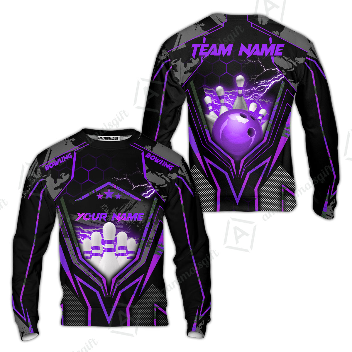 Customized Bowling Jersey, Bowling And Pins Abstract Grunge Texture X Multicolor Option Customized Name And Team Name Zipper Polo Jerseys Shirts