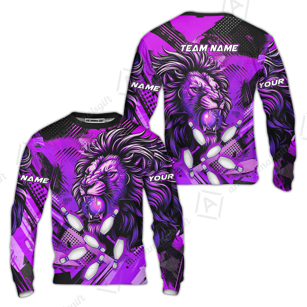 Custom Bowling Team Jerseys Shirts, Bowling uniforms Ball & Pins Lion Pattern Personalized Name And Team Name