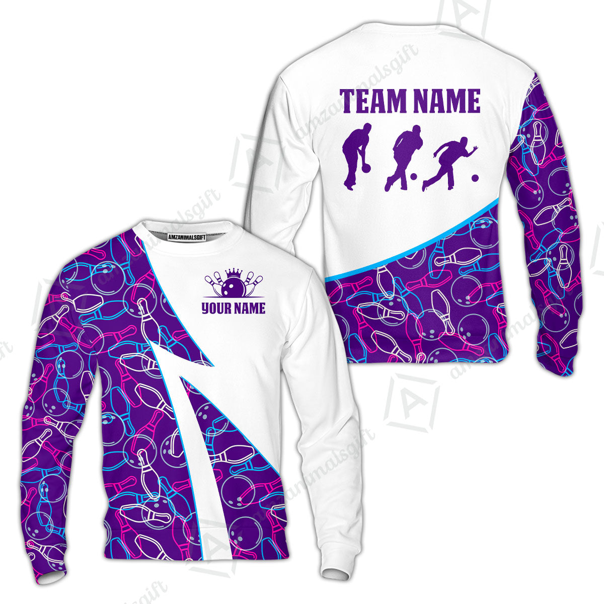 Custom Bowling Team Bowling Jersey, Neon Pattern Bowling Jersey With Player Silhouettes Multicolor Polo Quarter-Zip Shirts, Custom Bowling Uniforms Jerseys