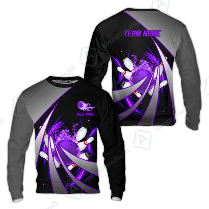 Customized Bowling Unisex Polo, Flame Bowling And Pins Tornado Pattern Multicolor Option Customized Name Zipper Polo Jerseys Shirts