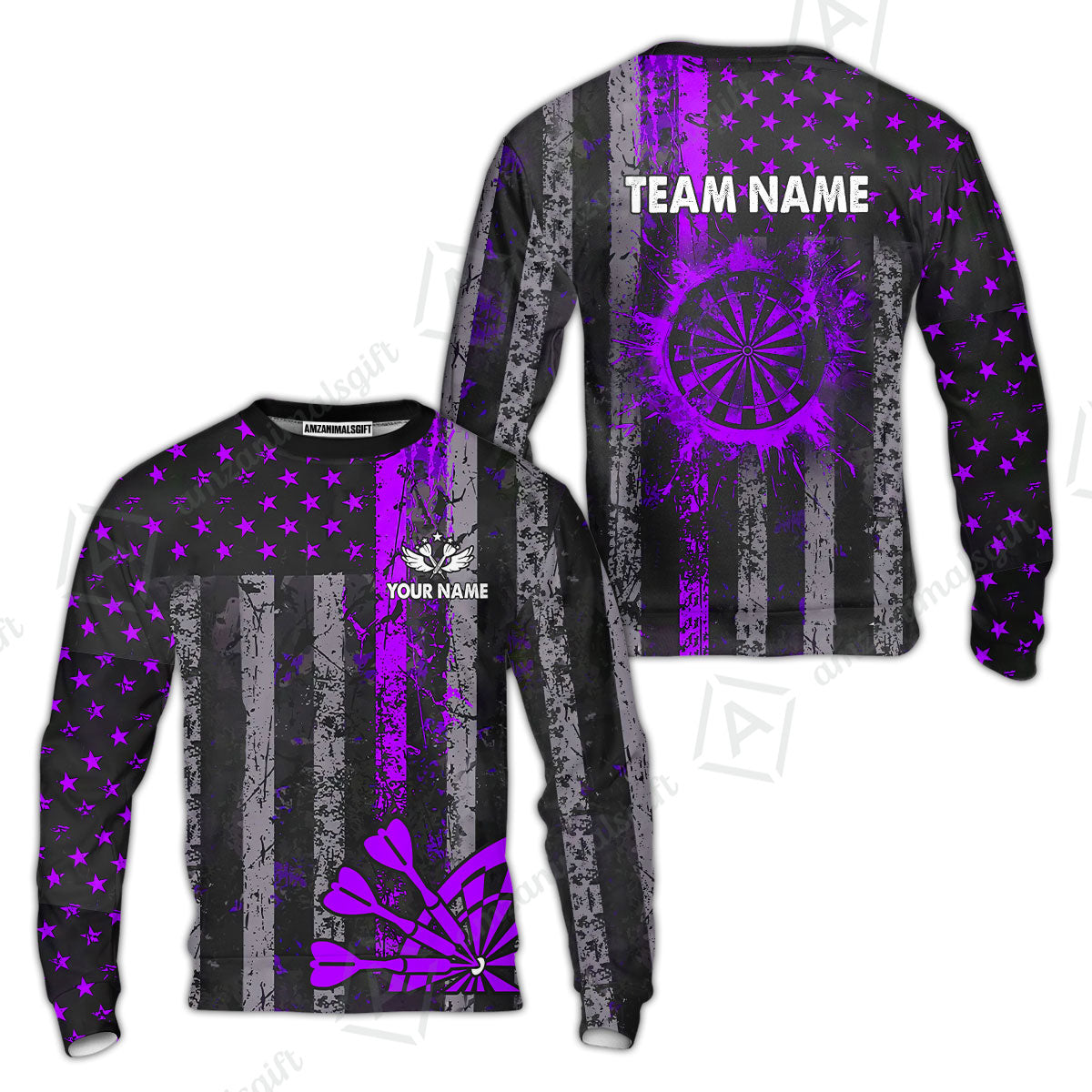 Customized Darts Sweatshirt, Turquoise Grunge US Flag Patriotic Darts Sweatshirt Jersey for Darts Players