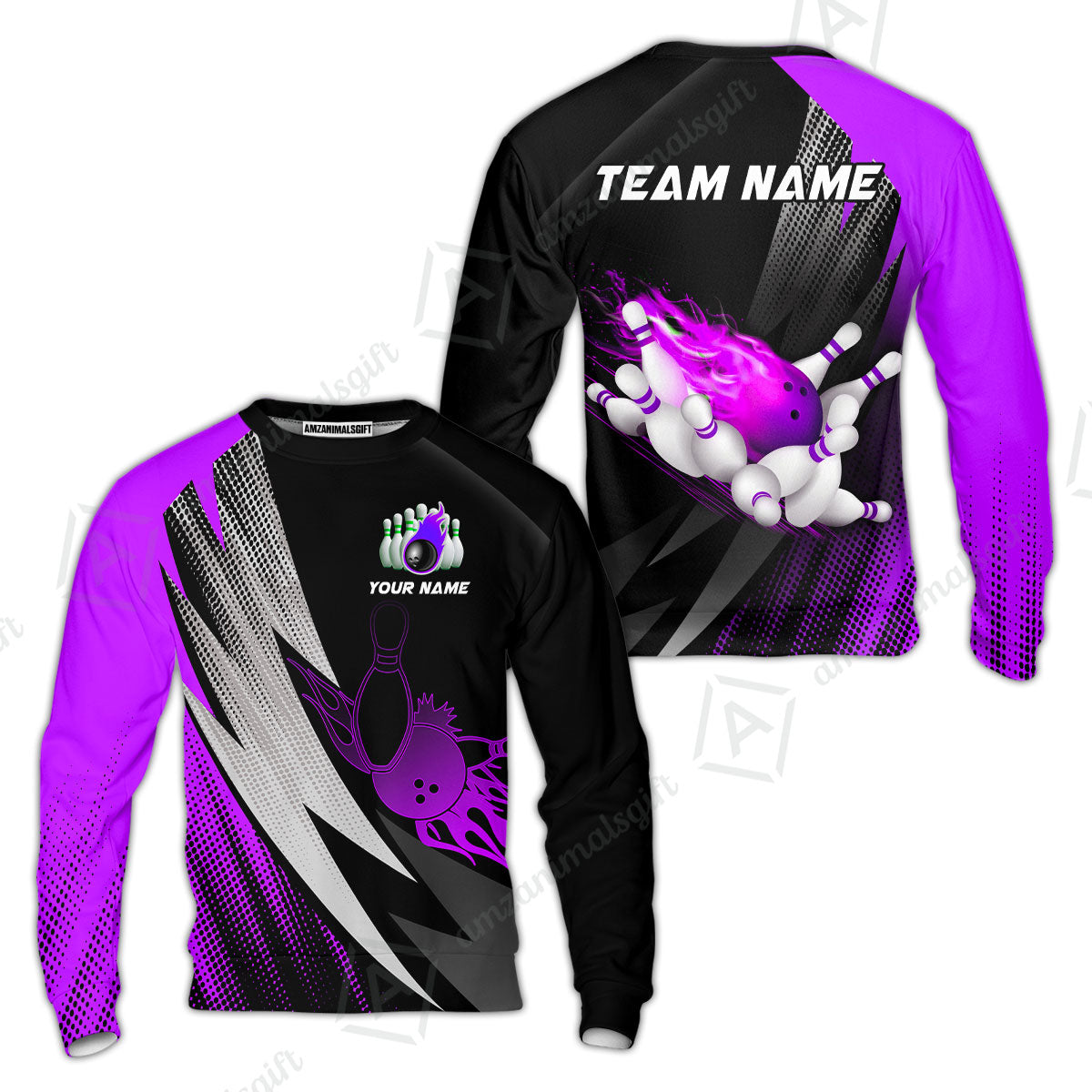 Customized Bowling Sweatshirt, Bowling Ball And Pins Thunder Polka Dot Motifs Multicolor Option Customized Name And Team Polo Shirts