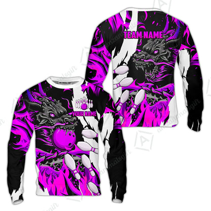 Custom Bowling Team Sweatshirt, Bowling uniforms Ball & Pins Dragon Flame Pattern Personalized Name And Team Name