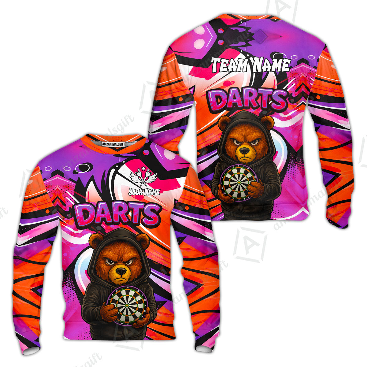 Customized Darts Team Uniform Shirt, Custom Darts Team Collar Quarter-Zip, Personalized Bear Darts Shirt with Name & Team Name