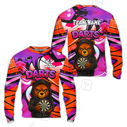 Customized Darts Team Uniform Shirt, Custom Darts Team Collar Quarter-Zip, Personalized Bear Darts Shirt with Name & Team Name