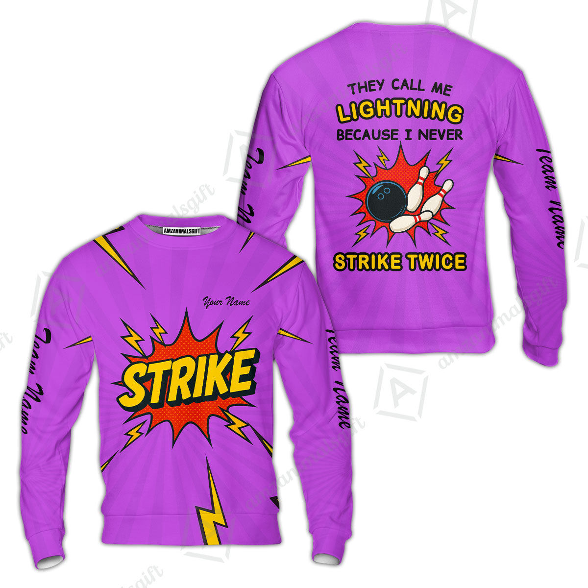Customized Bowling Team Sweatshirt Shirt, They Call Me Lightning Because I Never Strike Twice Comic Style Sweatshirt