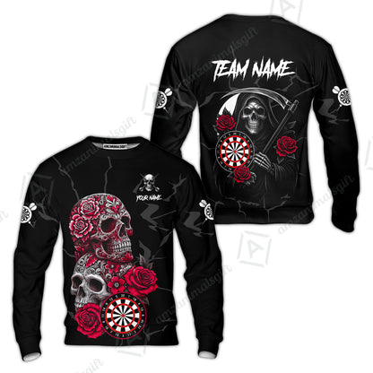 Customized Darts Sweatshirt, Darts Turquoise Skull Roses Dartboard Sweatshirt Style Jersey for Darts Players
