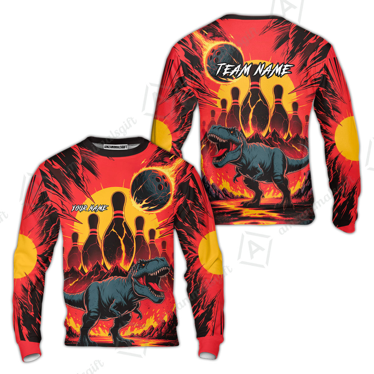 Custom Bowling Team Shirt – Bowling With T-Rex In Lava Volcano  Multicolor Option Personalized Jersey Bowling Uniform
