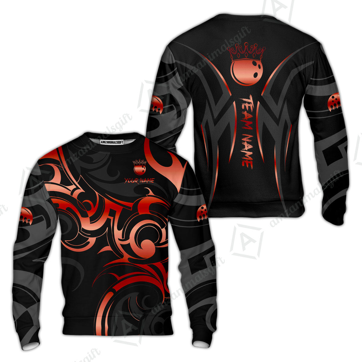 Customized Bowling Team Sweatshirt, Bowling Swirling Fire Flames Gold And Black Style Polo Shirt For Bowlers