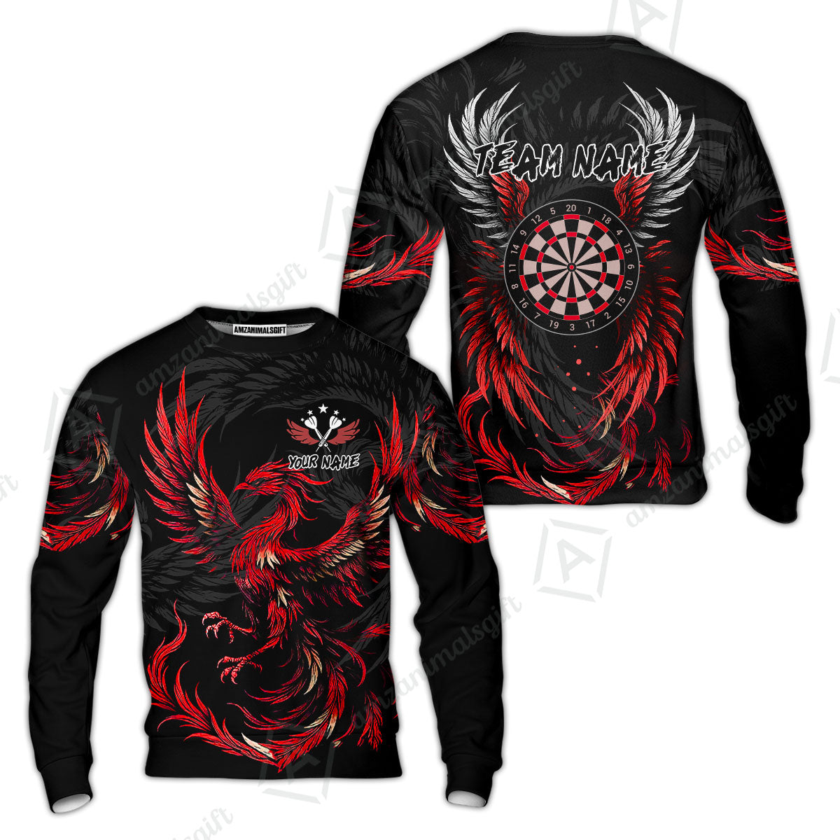 Custom Darts Team Sweatshirt, Phoenix Dartboard Wings Darts Jersey Sweatshirt, Custom Name And Team Name Darts Uniforms Jersey