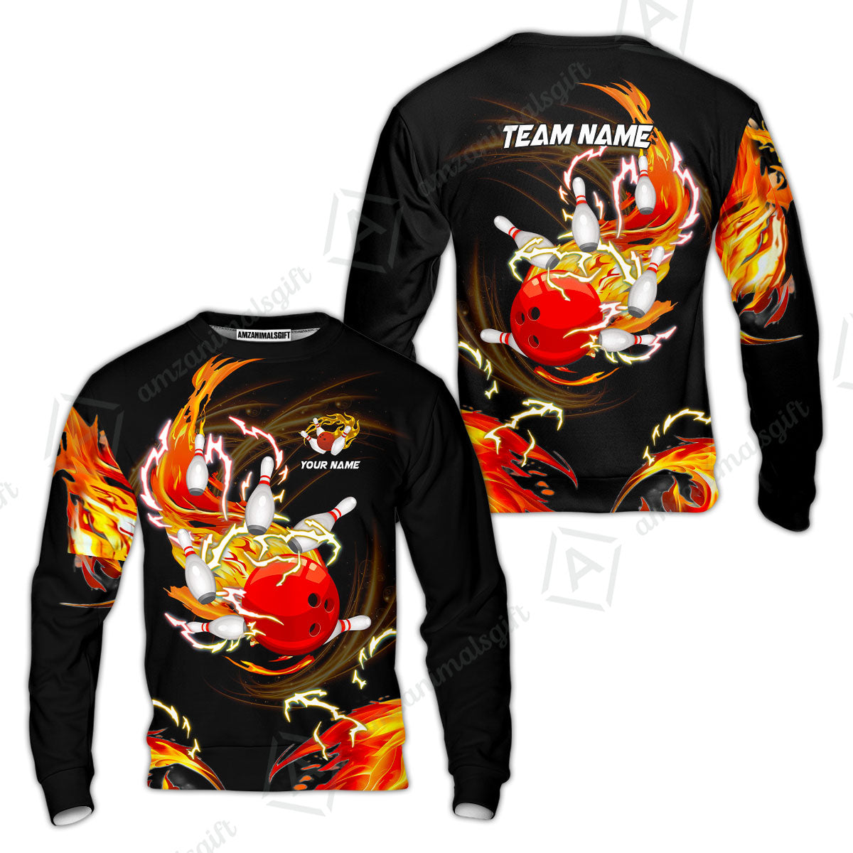 Customized Bowling Sweatshirt, Bowling Ball & Pins Breath Of Thunder Flame Multicolor Option, Perfect Outfit For Bowlers