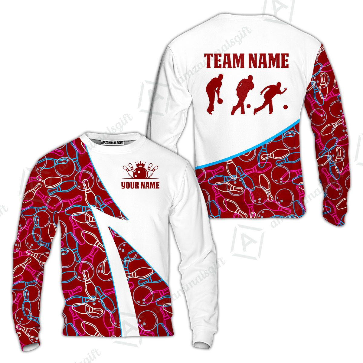 Custom Bowling Team Bowling Jersey, Neon Pattern Bowling Jersey With Player Silhouettes Multicolor Polo Quarter-Zip Shirts, Custom Bowling Uniforms Jerseys